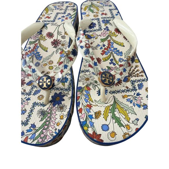 Tory Burch Printed Carved-Wedge flip-flop sandals ivory soleil Size 9 - Picture 5 of 7